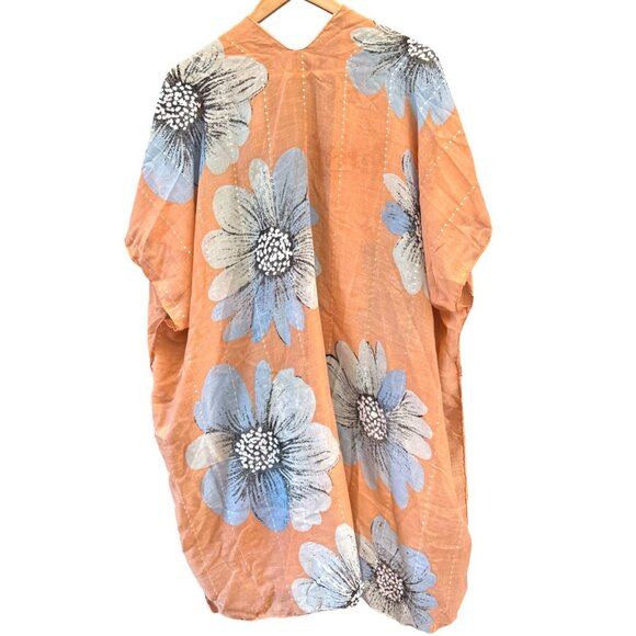 Jessica McClintock Boho Coral Blue Floral Kimono Cardigan Coastal Summer Chic - Picture 4 of 6